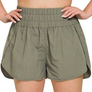 Plus Size Windbreaker Smocked Waistband Nylon Running Shorts Olive 1X Zenana